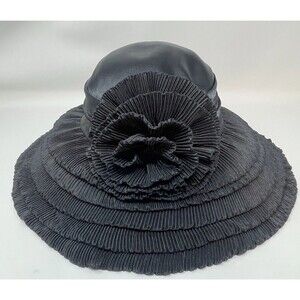 Ellie Fine Hats 100% Wool Hat Black Satin Pleated Tiered Brim Derby, Church